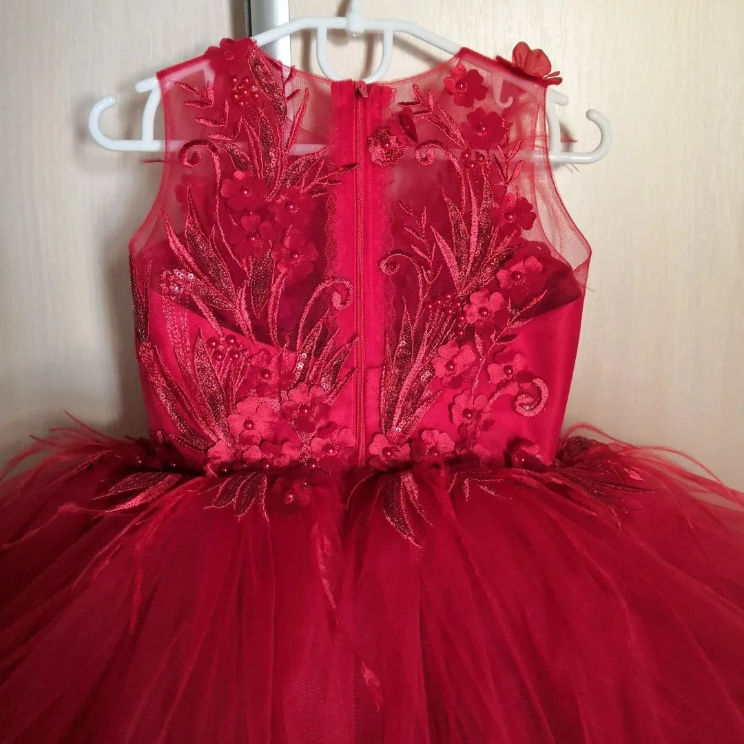 فستان فتاة الزهور الحمراء المخصص مع ريشة مطرزة بفيونكة جميلة أول مناولة لحفلات أعياد الميلاد وحفلات التخرج وحفلات الزفاف #4