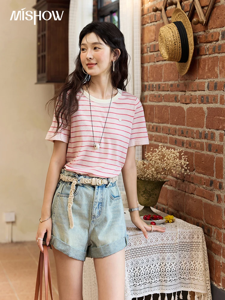 MISHOW ريترو الضوء الأزرق الدنيم السراويل للنساء صيف 2025 موضة عالية الخصر غسلها زر سستة واسعة الساق السراويل MXE35K0944