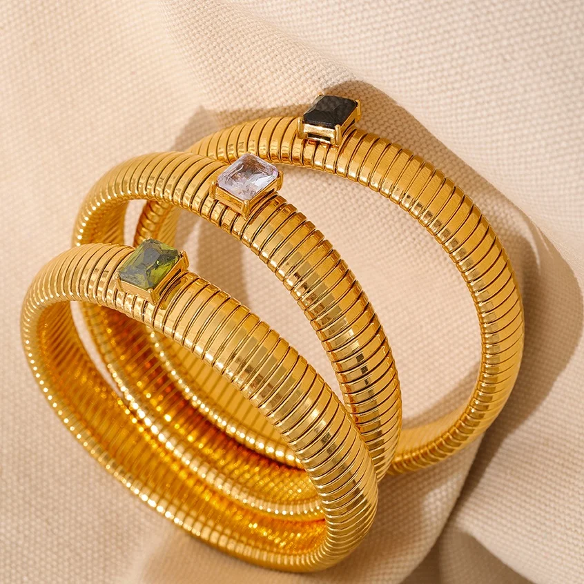 

New ins 18k Gold Plated Stainless Steel Snake Bracelet Vintage Elastic Colorful Zircon Bangle For Women Girls Fashion Jewelry
