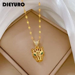 DIEYURO 316L Stainless Steel Leopard Head Pendant Necklace For Women Girl New Fashion Clavicle Chain Jewelry Gift Party bijoux