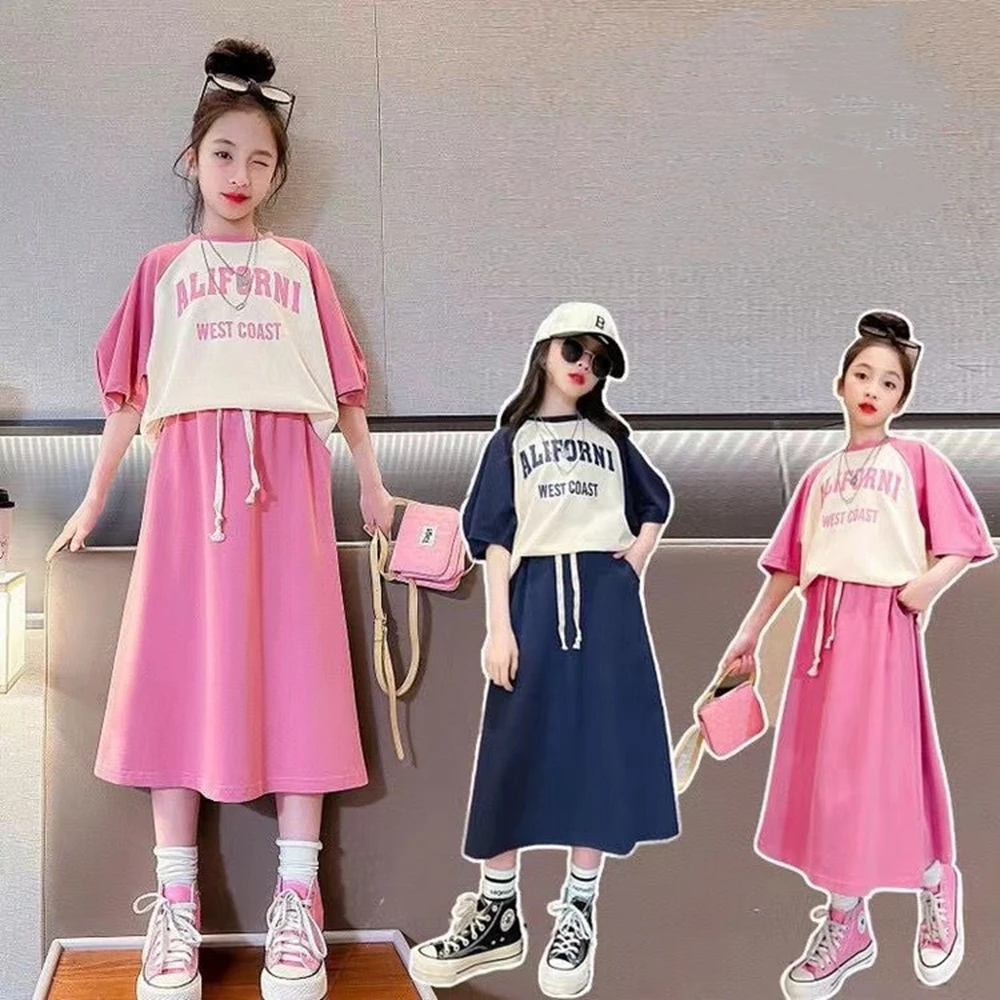 

Spring Summer Children Girl 2PCS Clothes Set Korean Teenager Girl Letter Printed Contrast T-shirt+Skirt Set For Girls 4-15Yrs