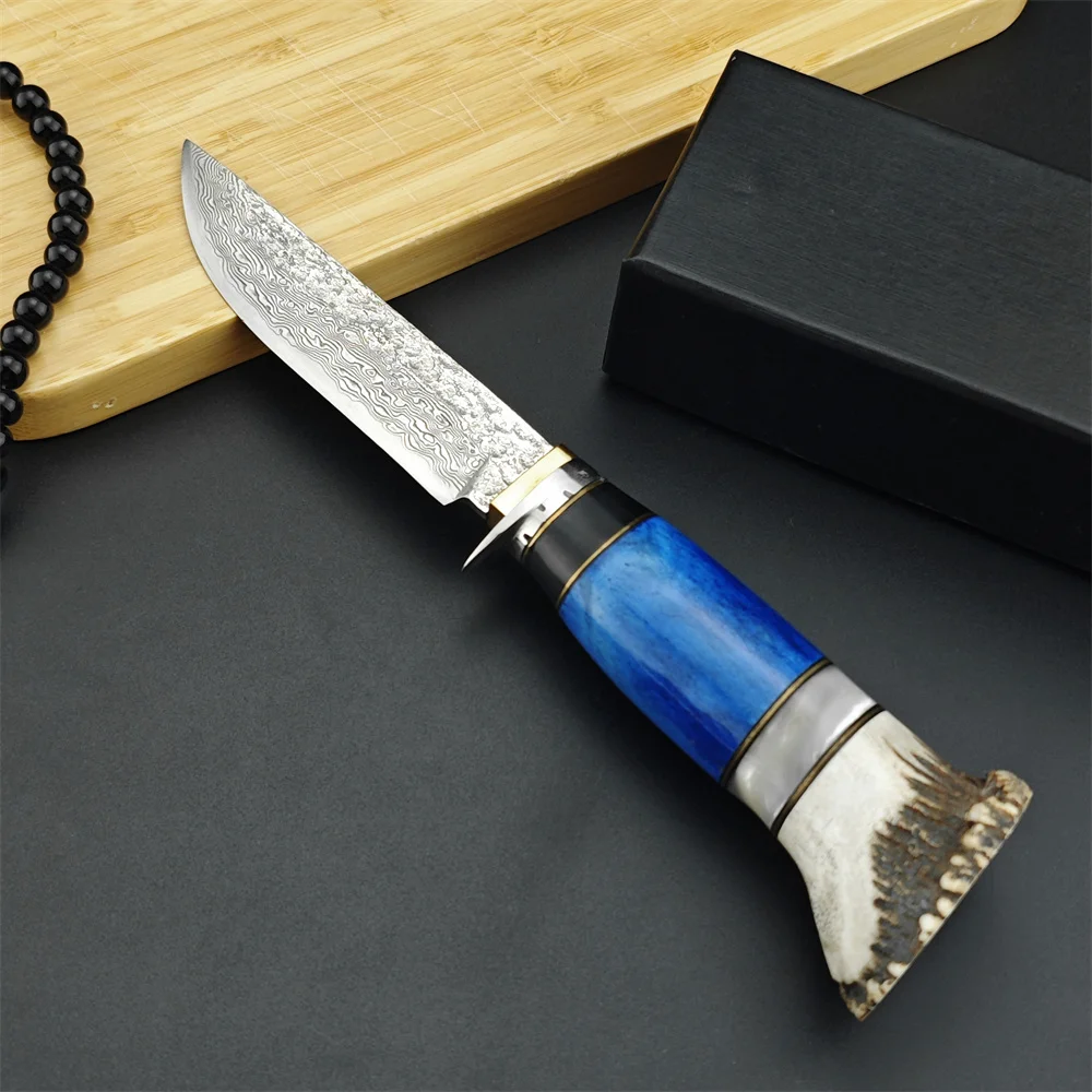 

Hunter Hand Tools Damascus Steel Blade Antler & Beef Bone Handle Hunting Fixed Blade Outdoor Camping Bush Knife Logging