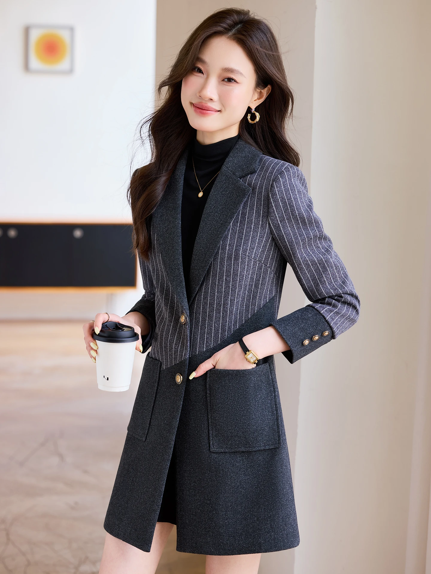 Gray Stripe Women's Long Coat Casual Slim Fit Woolen Suiting High End Elegant Small Size Tweed Jacket Casual Commute Business