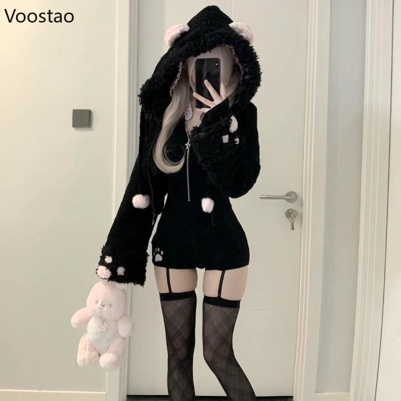 Japanese Sweet Lolita Style Lambswool Coat 2 Piece Set Women Gothic Dark Cat Ears Hooded Jacket Jumpsuit Suit Kawaii Y2k Outfits