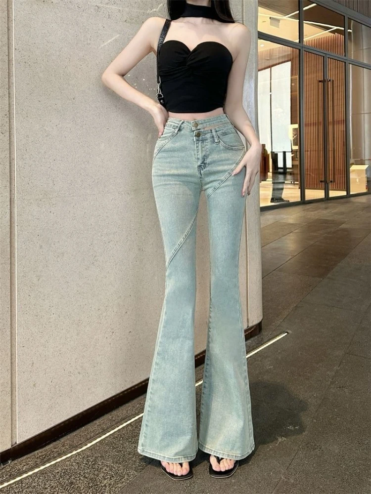Women's High Waist Light Blue Flare Jeans 2026 New Petite Stretchy Denim Pants Slimming Bootcut Trousers Dopamine Fashion