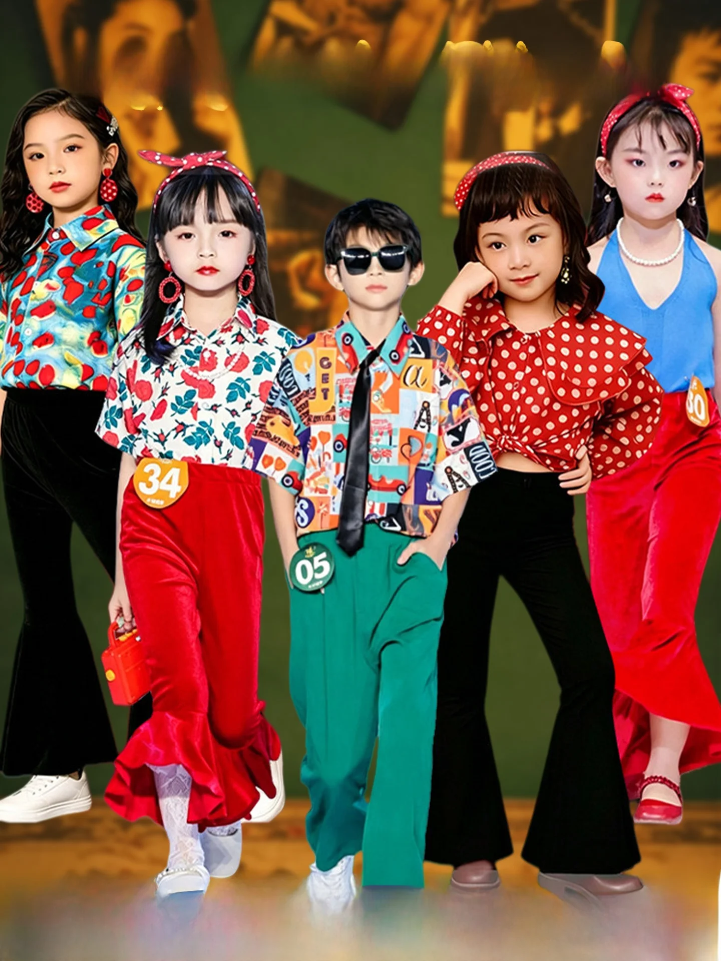 Retro Hong Kong Style Performance Clothes Flared Pants Show for Children Boys Girls Kindergarten Theme 80s 90s Nostalgia