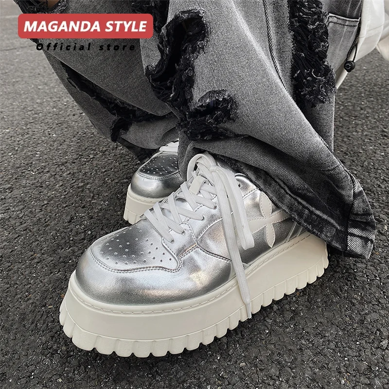 Silver Dad Shoes Men's Cross Flower Splicing Retro IG Genuine Leather Big Head Thick Bottom Increased by 6CM White Shoes