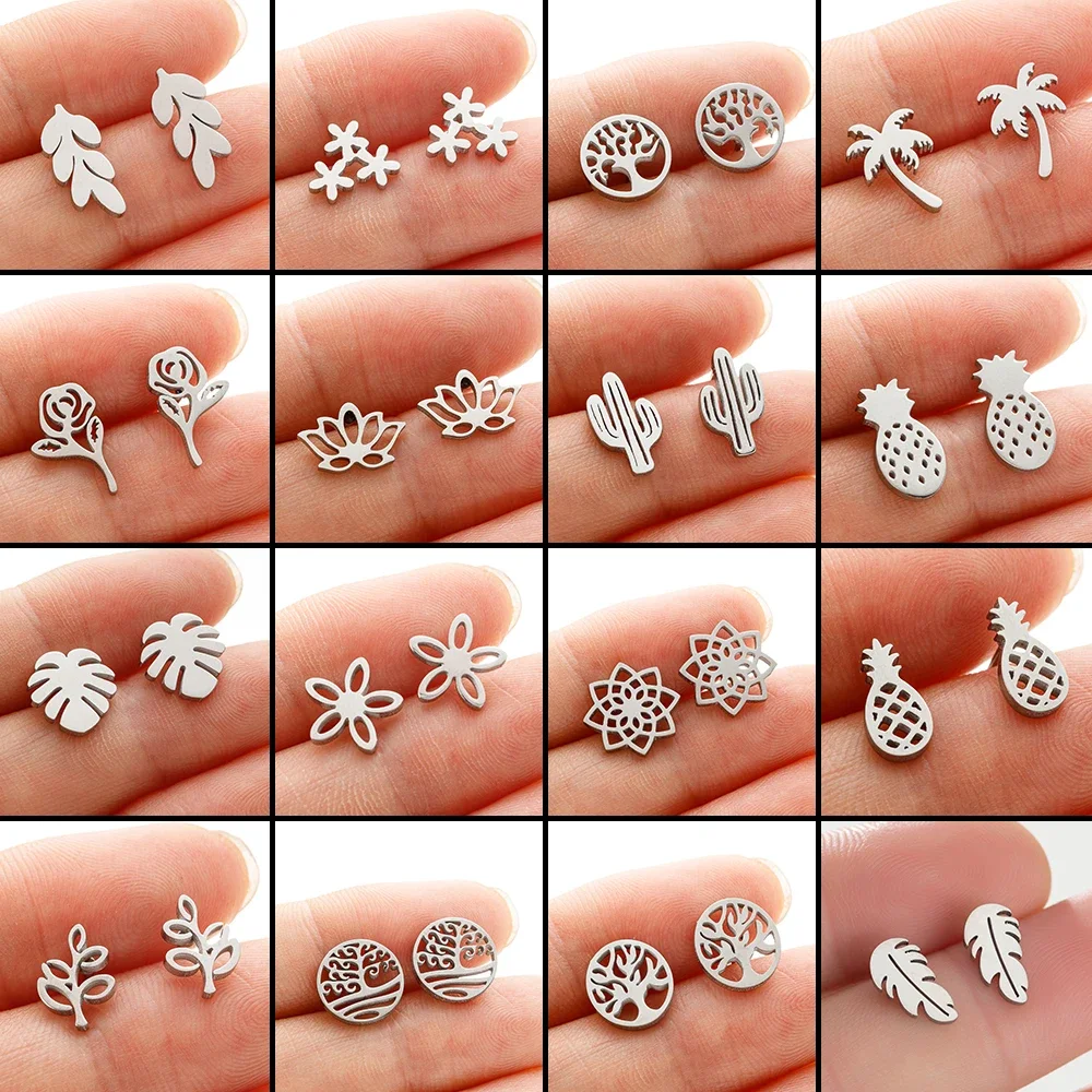 5Pair/Lot Stainless Steel Coconut Tree Earring For Women Girl Palm Tree Leaves Geometric Metal Ear Stud Summer Holiday Jewelry