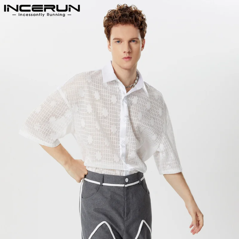 INCERUN Men Shirt Mesh Patchwork Transparent Sexy Lapel Short Sleeve Men Clothing Streetwear Summer 2024 Fashion Casual Camisas