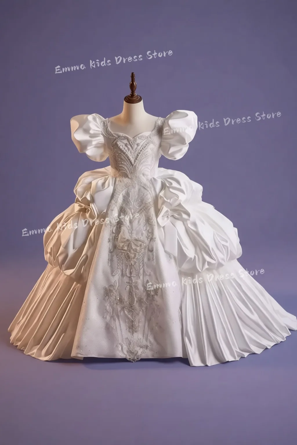 Vintage Flower Girl Wedding Dress Sequins Beading Lace Puff Sleeve Girl DressProm First Communion Ball Princess Birthday  Gown
