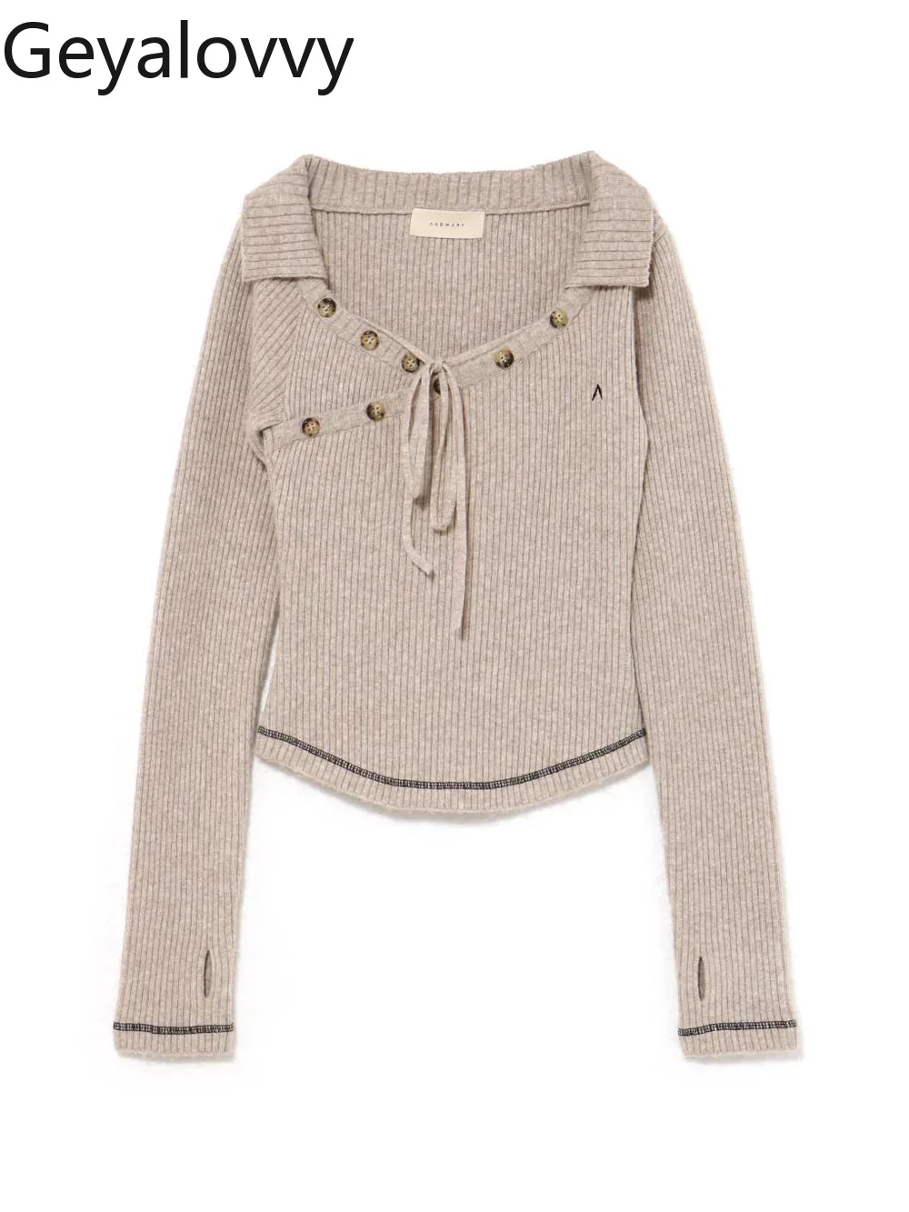 

Autumn New Versatile Japanese Style Off-Shoulder Knitted Sweater Sweet Lace-Up Metal Buckle Slim Fit Short Long Sleeve Pullover