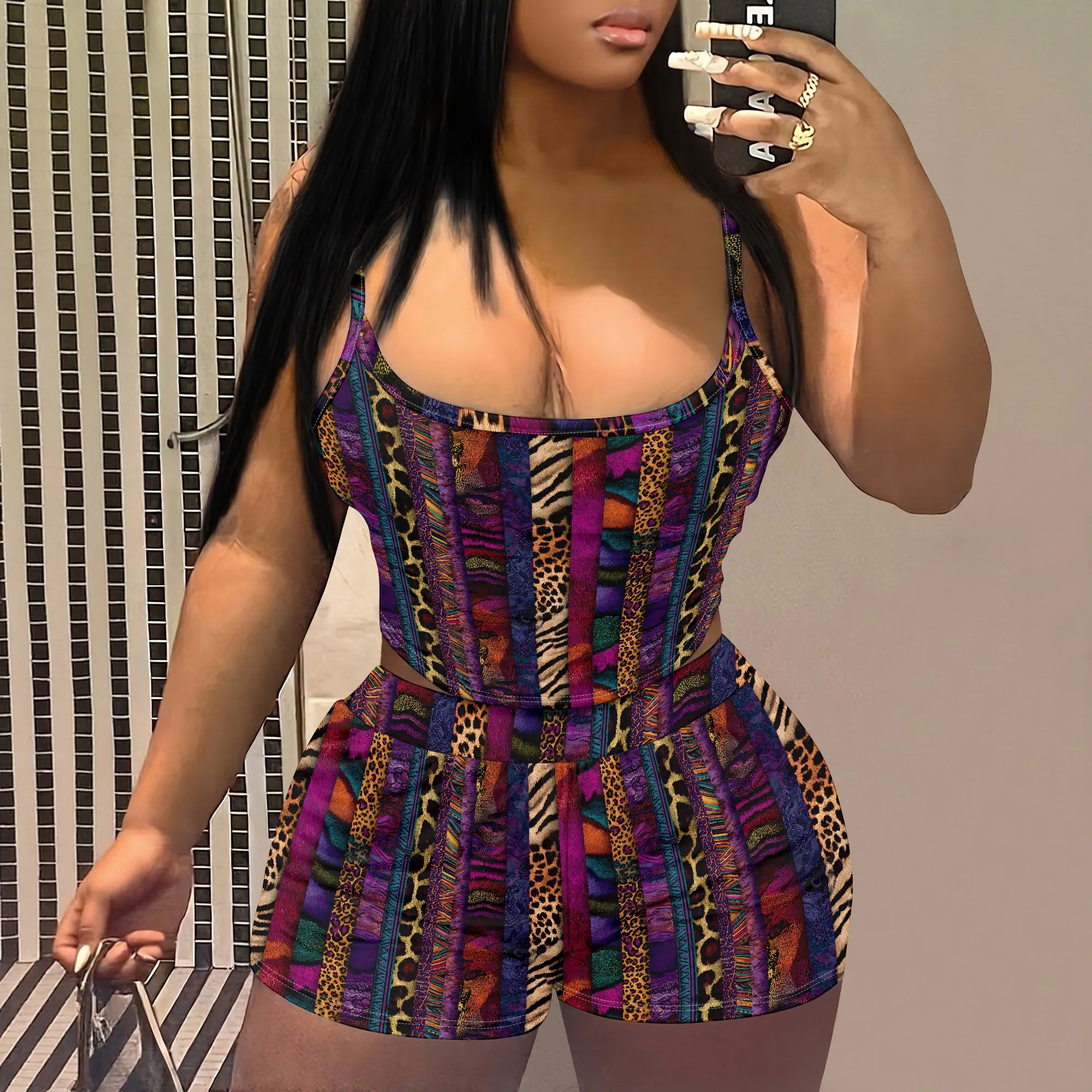 Colorful Animal Print Cami Set, Patchwork Leopard Zebra Pattern Romper, Summer Beach Vacation Outfit, S-2XL