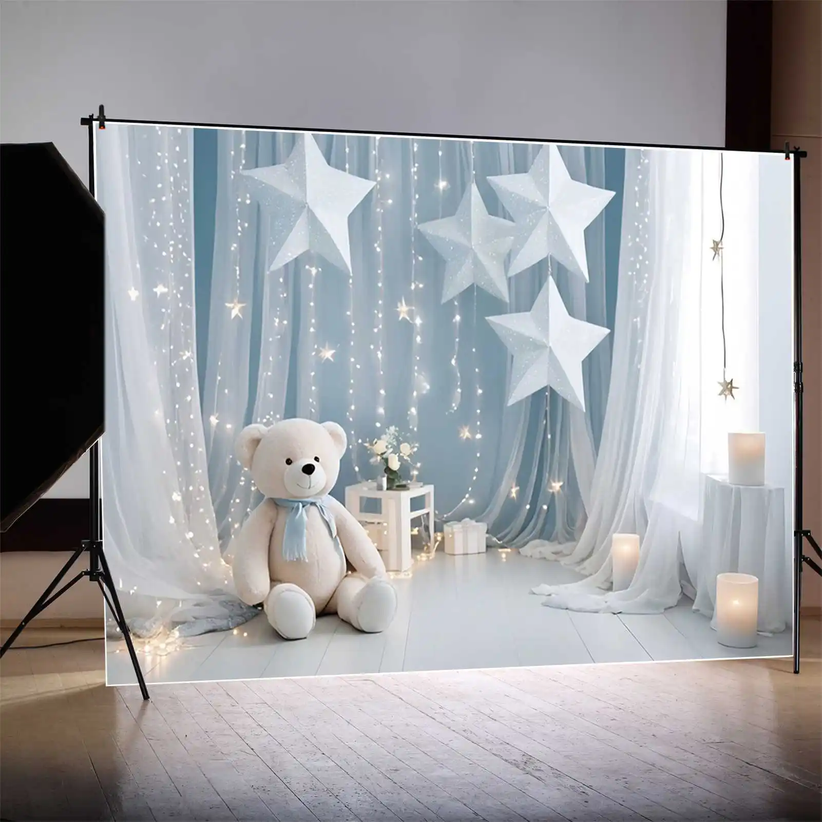 MOON.QG Star Balloon Birthday 1 Year Background Boys Teddy Bear Drapes Curtain Backdrop Custom Party Photography Accessories