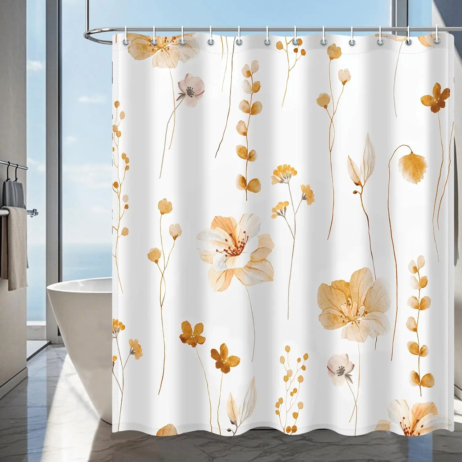 

Shower Curtain Watercolor Flower Shower Curtain Sets - Spring Burnt-Orange Floral Plant Shower Curtains for Bathroom