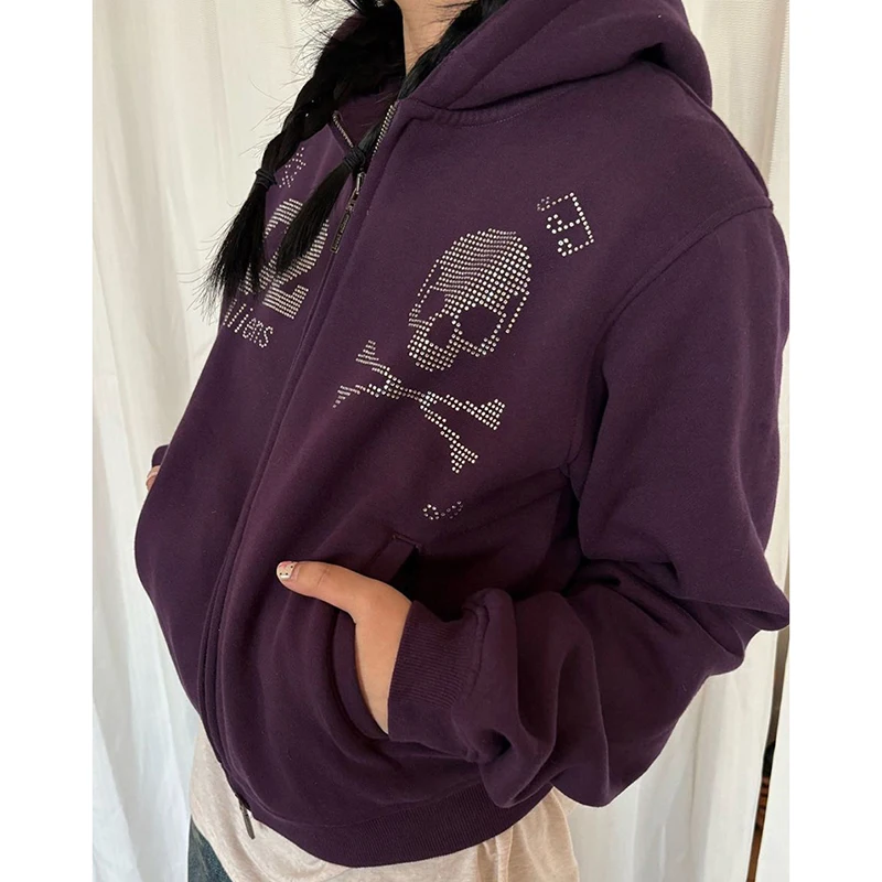 الأمريكية خمر الثقيلة هوديي المرأة طويلة الأكمام زمم حجر الراين البلوز Harajuku Y2K الجمجمة الشارع معطف غير رسمي