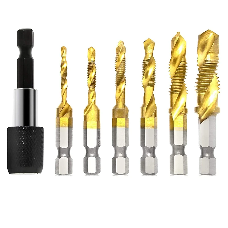 Juego de brocas y taladros combinados de ABPP-7Pcs, herramienta de broca de roscado de tornillo recubierto 3 en 1 para perforar hilo métrico HSS M3-M10