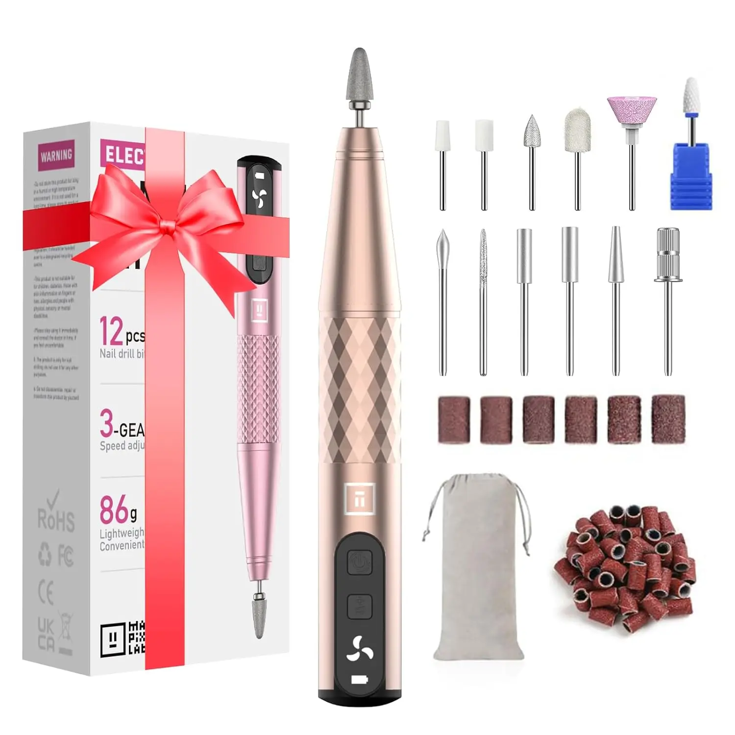 

Electric Nail Drill Kit, 12 Bits, Adjustable Speed, Cordless for Home & Salon