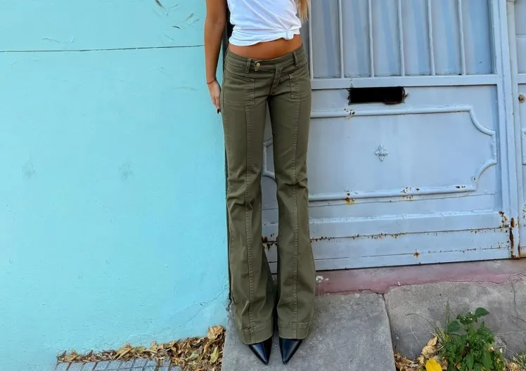 retro street style low waist metal buckle slim fit spicy girl personality design casual pants for women