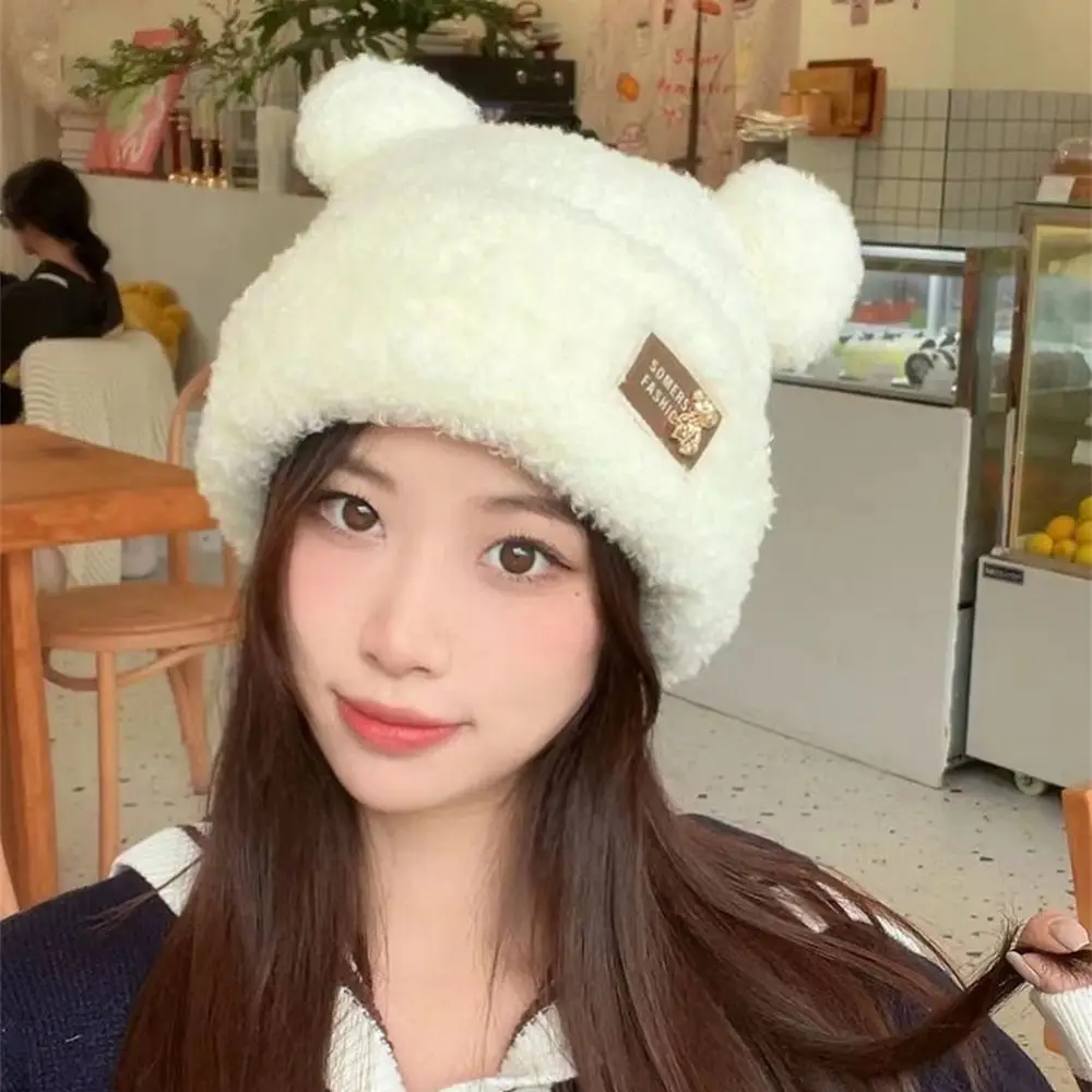 Stylish Cute Bear Ear Plush Hat for Women Winter Warm Ear Protection Riding Skiing Beanie Hat Casual Outdoor Bonnet Caps