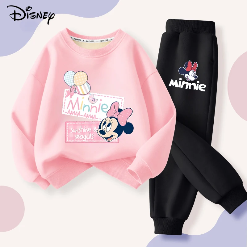 

Новые весенние комплекты пуловеров для девочек Disney, детские толстовки с принтом Минни, длинные штаны, костюм из 2 предметов, детский повседневный спортивный костюм Disney