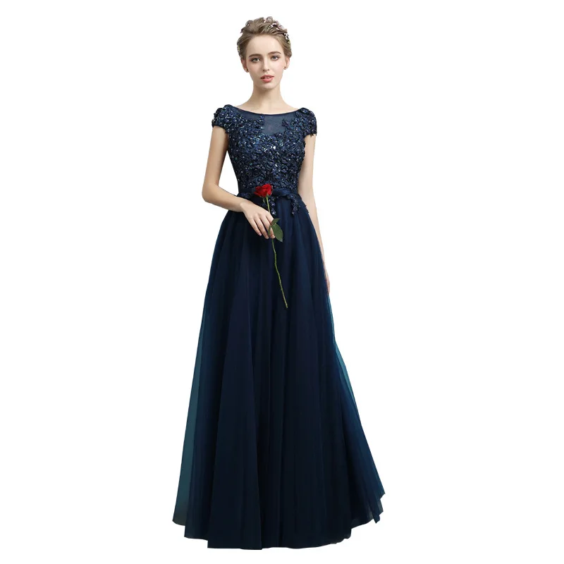 N1190 Abito da sera blu navy Fiori Lunghezza pavimento Maglia Tulle Abito da laurea Dolce memoria Banchetto Abiti da celebrità per feste