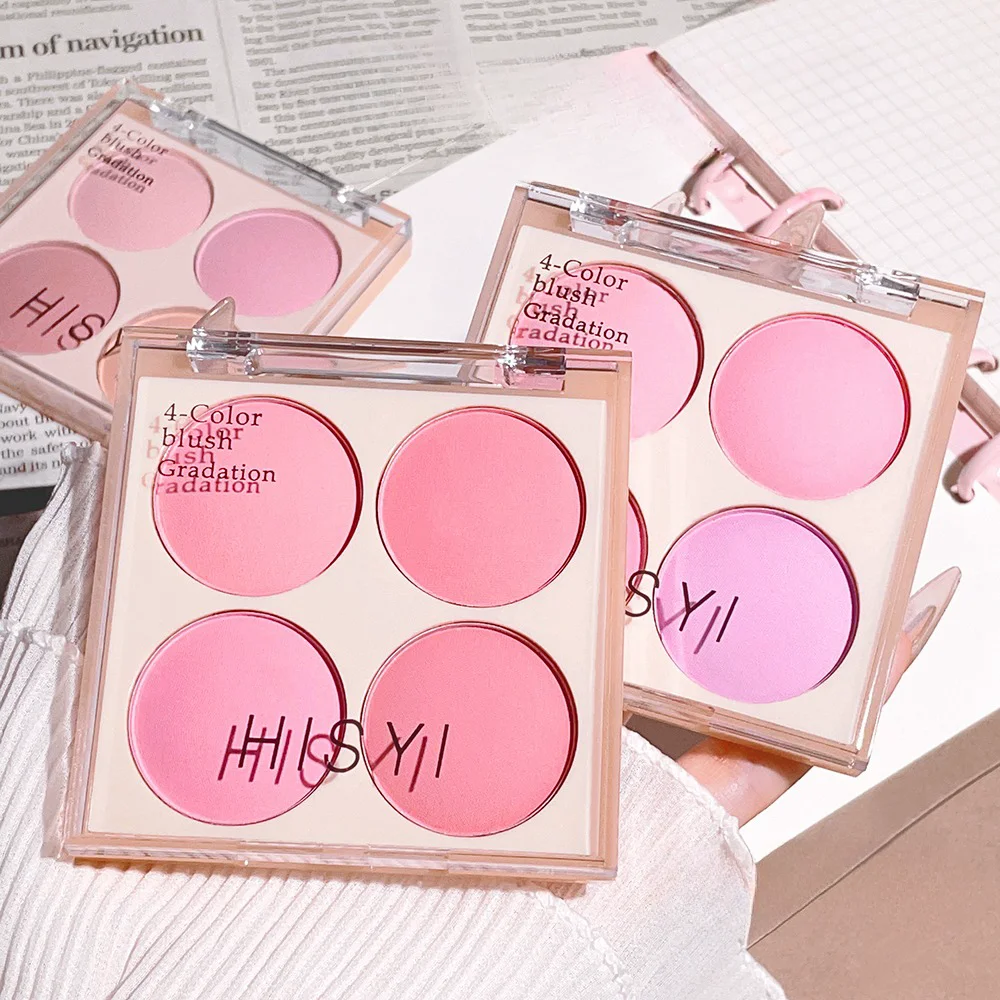 4-color matte blush, peach pink, coral blush powder, Korean low saturation soft fog blush, can lighten, create three-dimensional