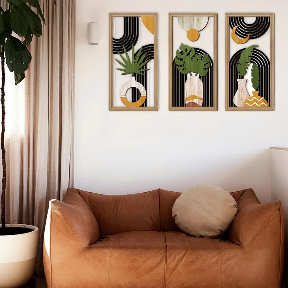 Línea moderna, arte de madera hueco, decoración de pared, decoración bohemia geométrica abstracta, esculturas artísticas, pared de plátano, hojas, pared X5L6