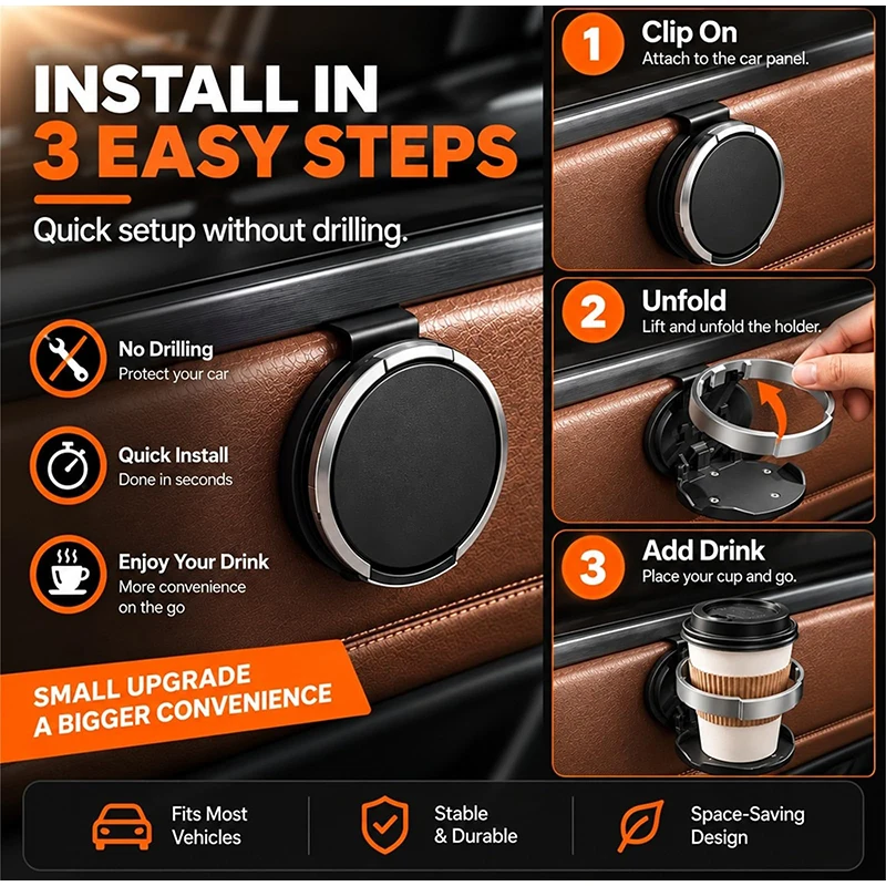 Multi Functional Car Door Cup Holder Universal Foldable Car Cup Holder Large Diameter Car Beverage Rack Stable Easy To Install