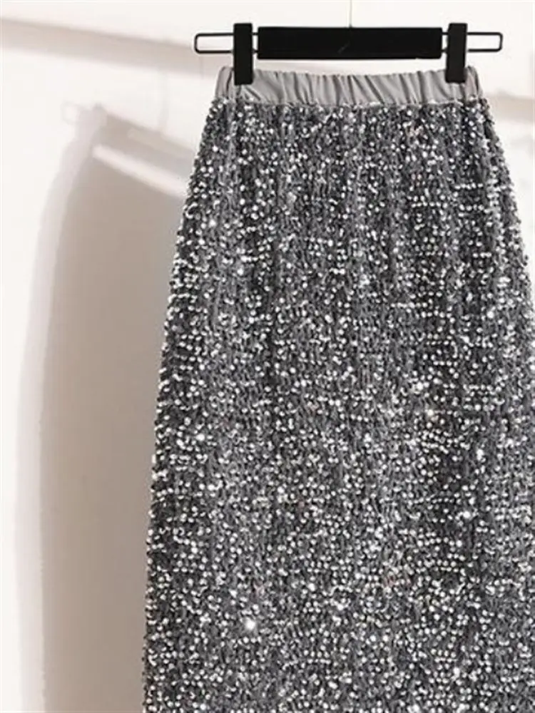 iny Sequin High Waist Midi Skirt Women's Spring 2024 New Sle Sparkling Glitter A-Line Skirt Commute Friendly