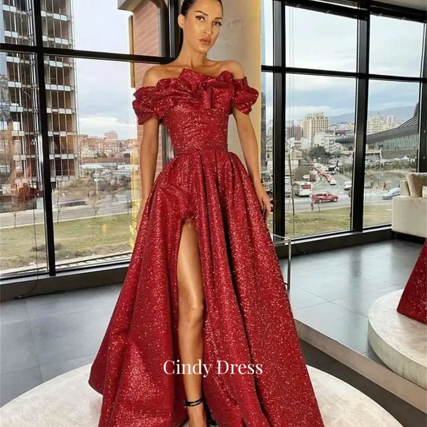 

Cindy A-line Off the Shoulders Claret Ruffled Neckline High Quality Luxury Dress Women Elegant Party Formal Occasion Dresses