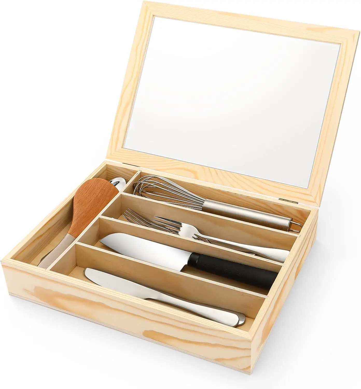 

Silverware Storage Box with Lid Kitchen Drawer Organizer Utensil Organizer with Lid 5 Slots Wooden