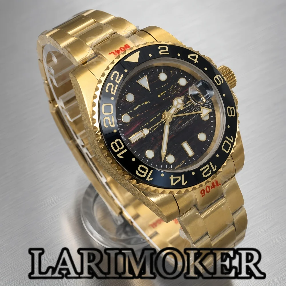 LARIMOKER 41mm All-Gold NH34 GMT Automatic Mechanical Men's Watch with Stainless Steel Bracelet Sapphire Crystal Ceramic Bezel