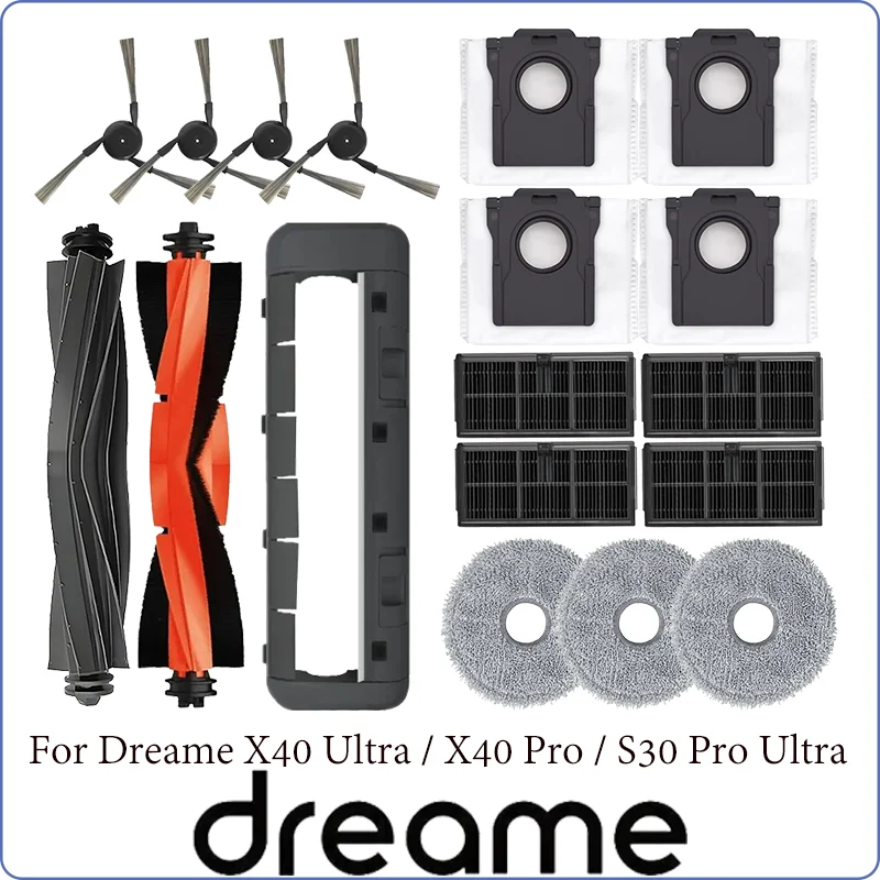 

Dreame X40 Ultra, X40 Pro, S30 Pro Ultr Robot Vacuum Spare Parts Main Side Brushes Mop Cloths HEPA Filters Dust Bags Accessories