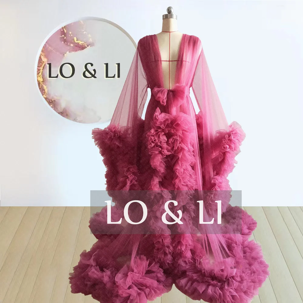 LO&LI  2021 Fuchsia Tulle For Women Wedding Robe Pajamas Bridal Nightgown Ladies Sexy Underwear Long Dress Fuchsia Ruffle Sleeve