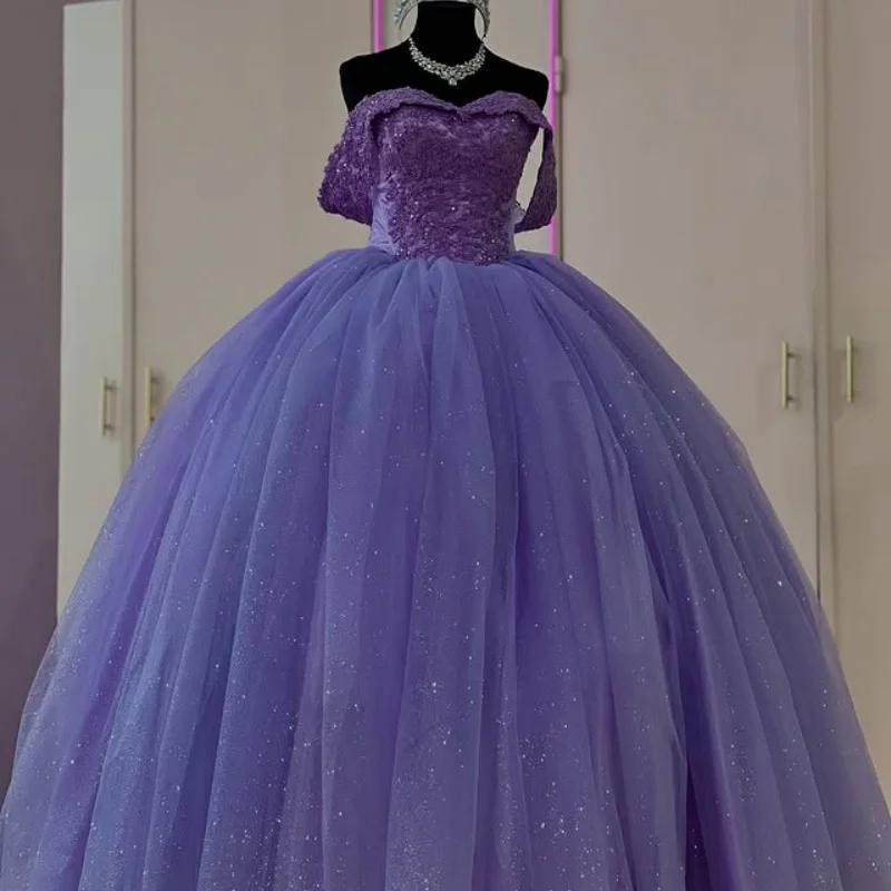 

Customized Shiny Deep purple Quinceanera Dresses Off the Shoulder Tull applique trailing Vestido De 15 Quinceanera