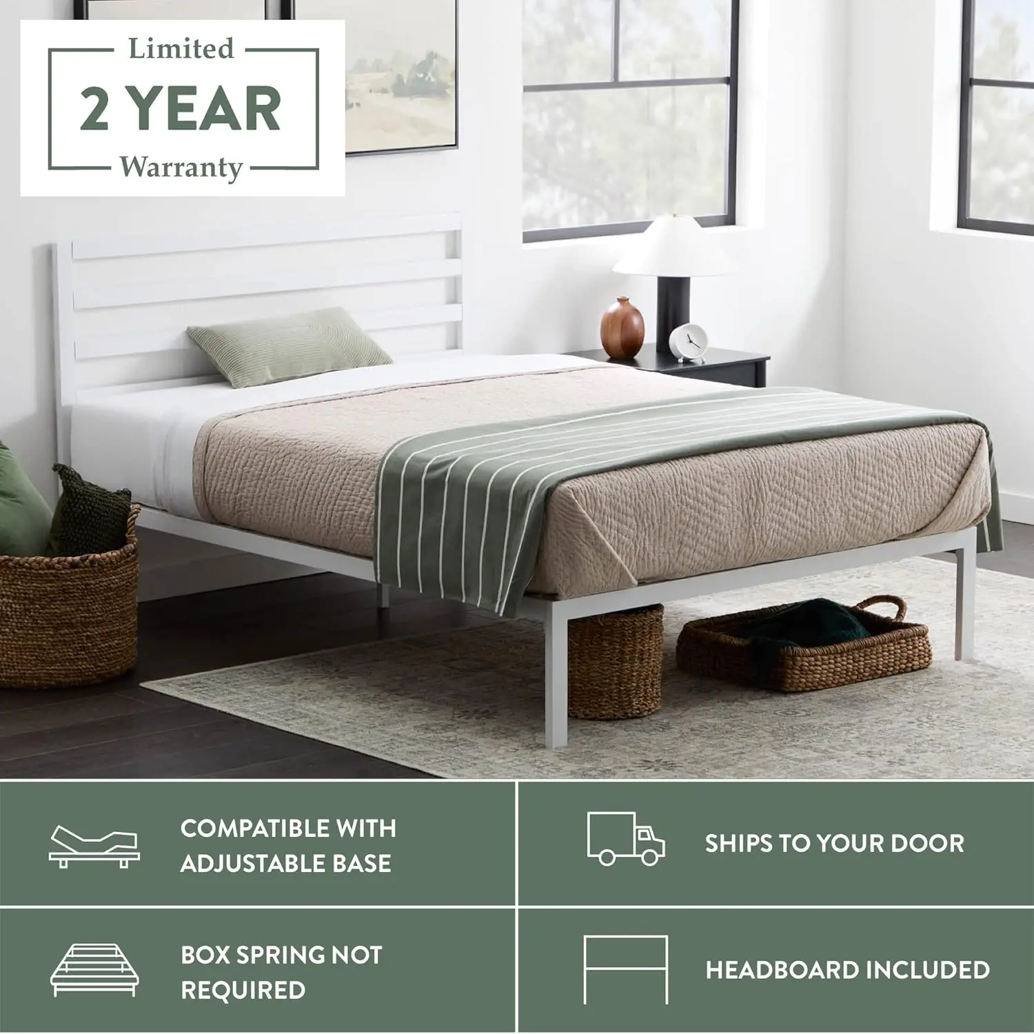 Cassidy Metal Platform Bed Frame with Metal Headboard - Box Spring Not Required - Wood Slat Support, White, Queen