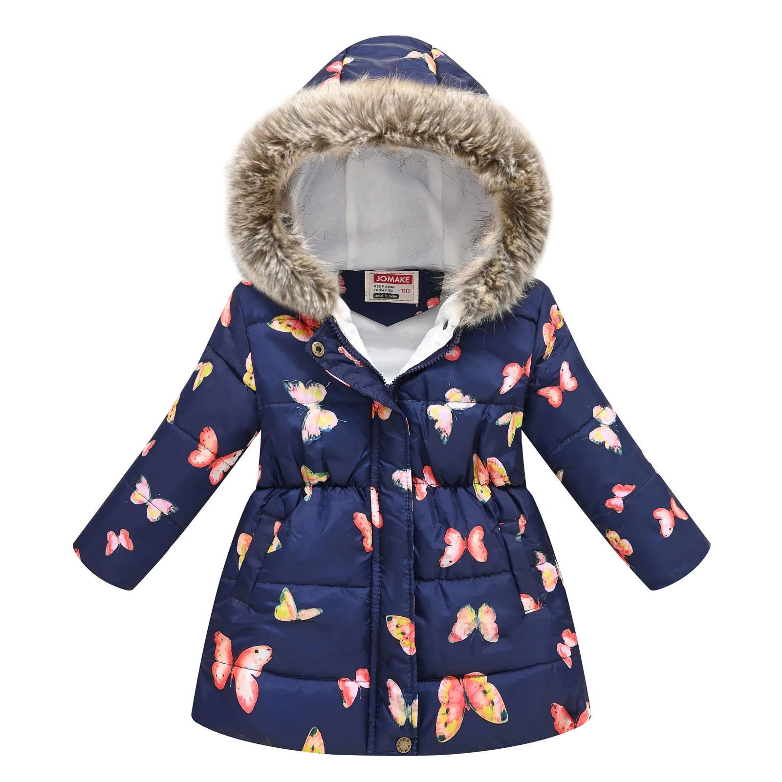 New autumn and winter children\'s clothing boys and girls multi-color printing children\'s long fur collar hooded coat coat coat.