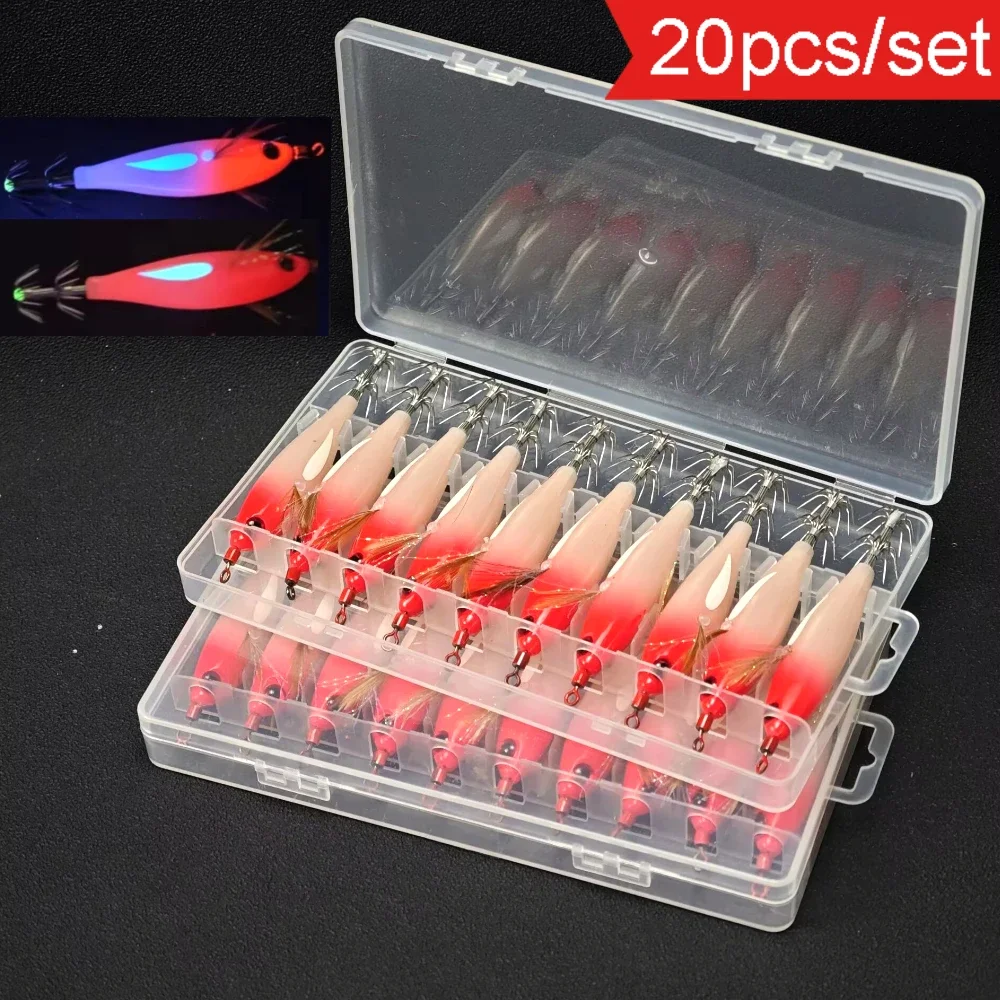 20pcs/set 8cm Luminous Horizontal Squid Jig Shrimp Fishing Lure Egi Set Glow in Dark Cuttlefish Octopus with Tackle Box
