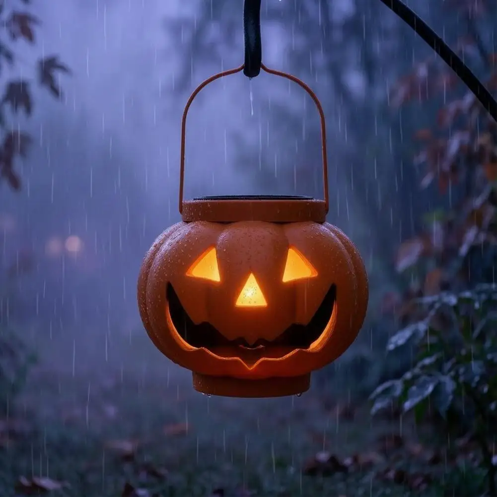 Energy Free Fall Yard Decorations Halloween Pumpkin Solar Lantern Waterproof Outdoor Hanging Light Spooky Orange Face for Porch