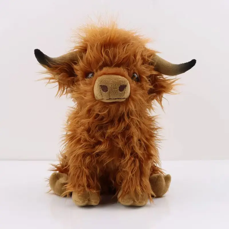 30cm Simulation Kyloe Cream Highland Cow Animal Plush Doll Soft Stuffed Highland Cow Cattlle Plushie Gift for Kids Boys Girls