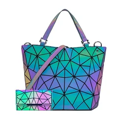 Ladies Luminous  Bag Geometric Women Handbag Luxury Shoulder Bag Set Folding Totes Crossbody Bag Female Purse And Wallet