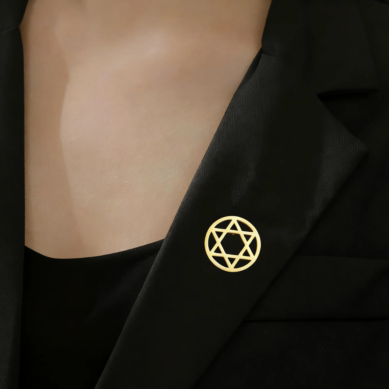 Star Of David Round Pin Brooch Stainless Steel Hexagram Lapel Badge For Women Man Vintage Suit Accessory Jewish Jewelry Gift