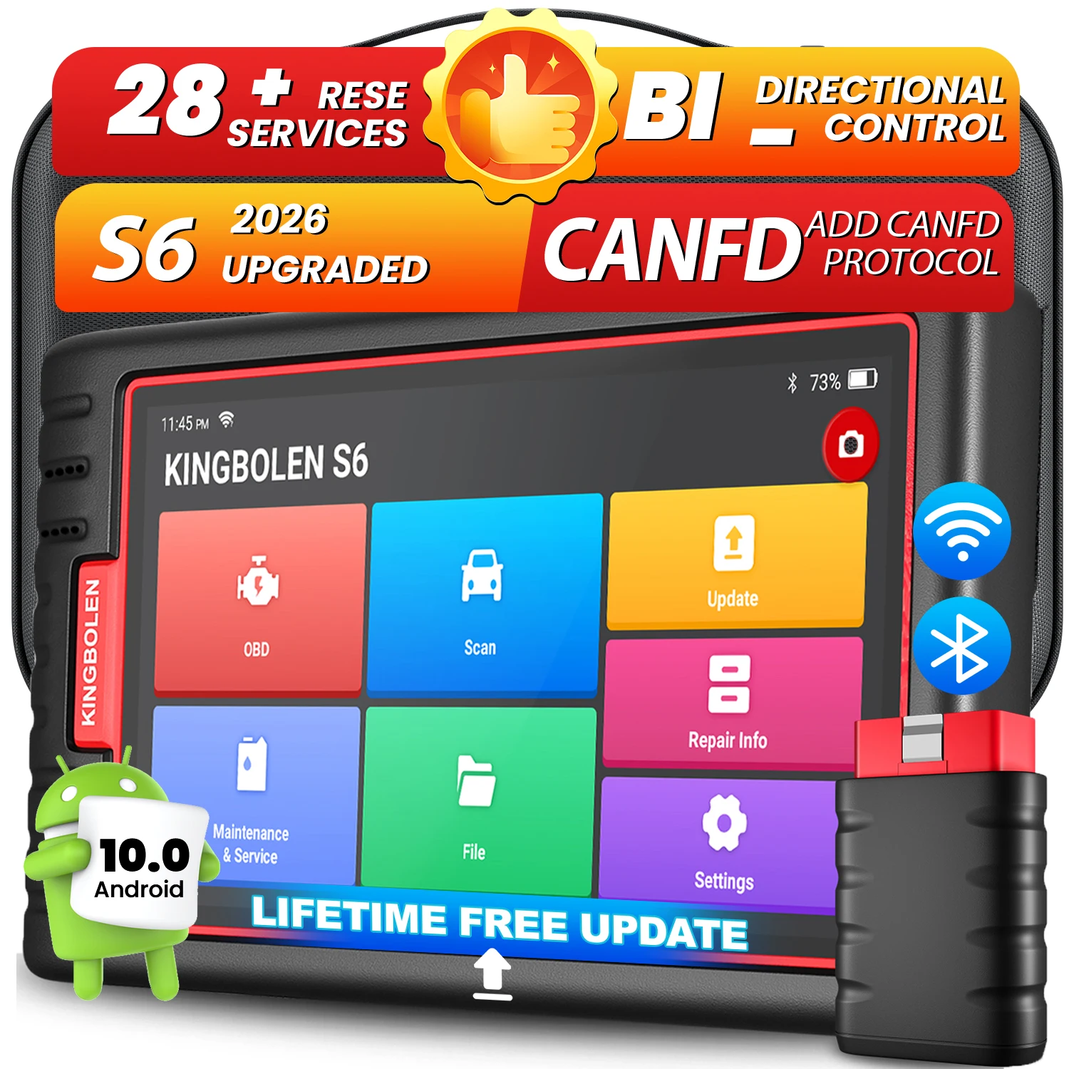 KINGBOLEN S6 OBD Scanner automobile Bluetooth 2026 NOUVEAU + protocole CANFD, Outils de diagnostic automobile tous systèmes, 28 réinitialisations, Mise à jour gratuite à vie