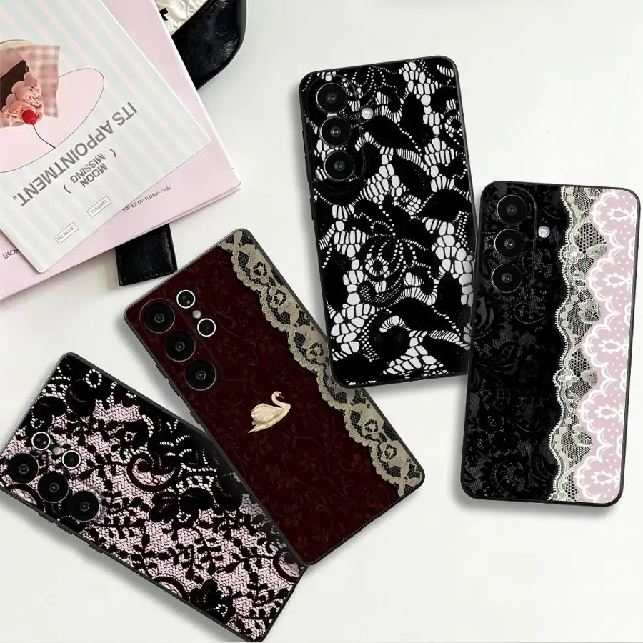 Retro Pink Black Lace Phone Cover Case for Samsung Galaxy S26 Ultra S20 S23 S25+ S26+ S21 FE S25 Plus Note 20 8 9 10 S24 S10 S9