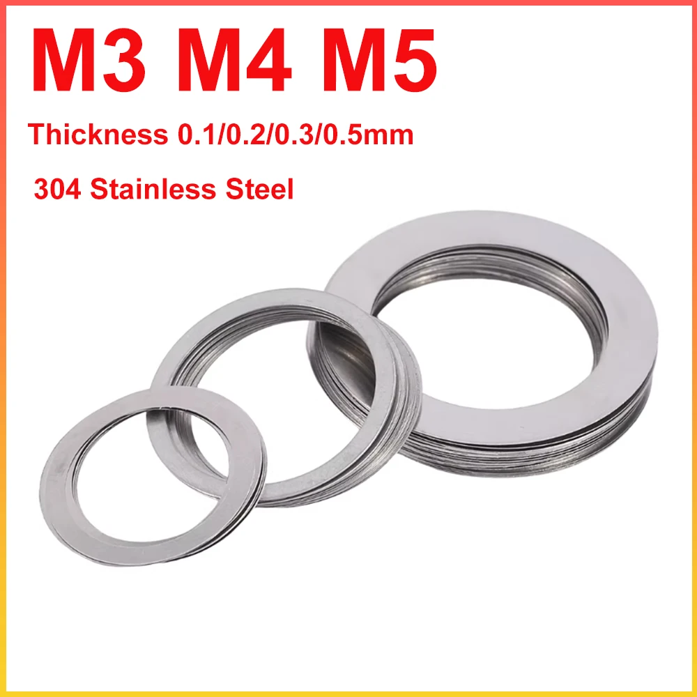 200pcs M3 M4 M5 Ultra Thin Flat Washer 304 Stainless Steel Adjust Gasket Gap adjustment Thickness 0.1/0.2/0.3/0.5mm