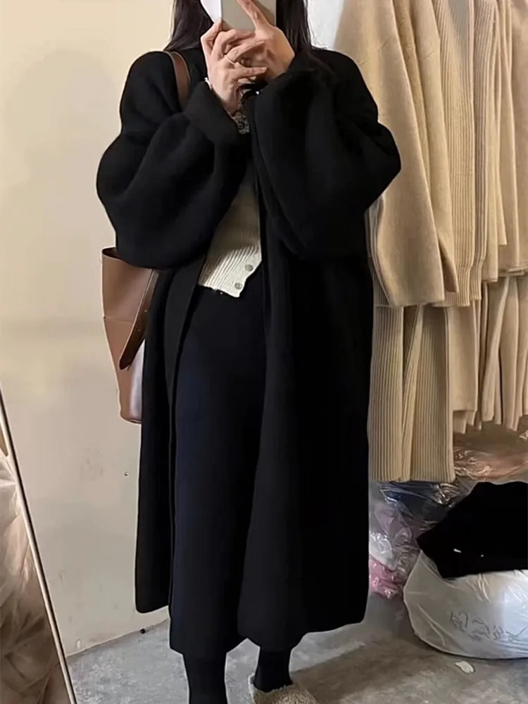 

Korean style Medium and long sweater cardigan jacket women's thin knee loose thickened knitted coat