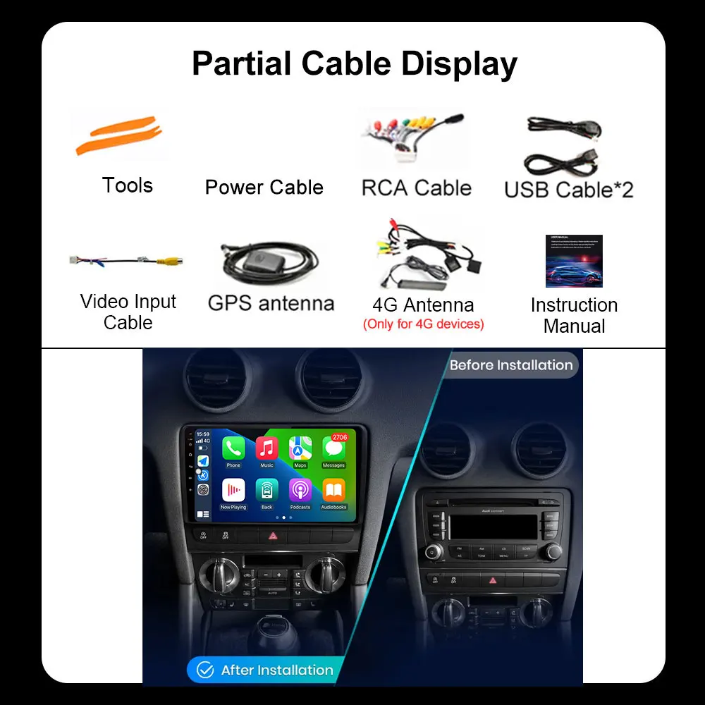 Wireless CarPlay Android 16 Auto Radio For Audi A3 2 8P 2003 - 2013 Video GPS Navigation Stereo IPS QLED Touch Screen Tools Fan