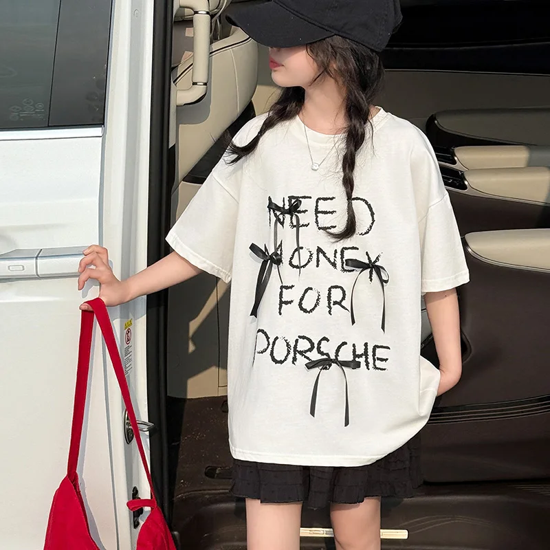 

Футболка для детей, хлопковые футболки для девочек, топы, детская футболка с буквенным принтом и бантами, твинь 5–14, детская летняя одежда, повседневная одежда с короткими рукавами