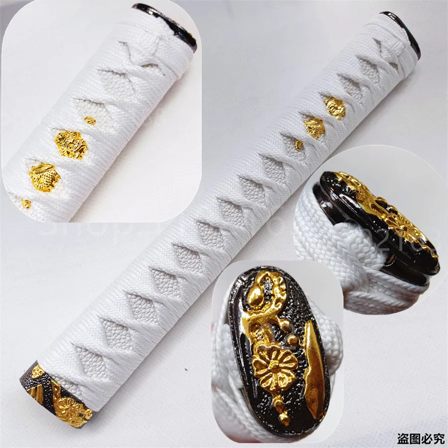 WHITE HAND BIND SYNTHETIC FILAMENT ITO WOODEN TSUKA ALLOY FUCHI,KASHIRA,MENUKI FOR JAPANESE KATANA SAMURAI SWORD FITTING