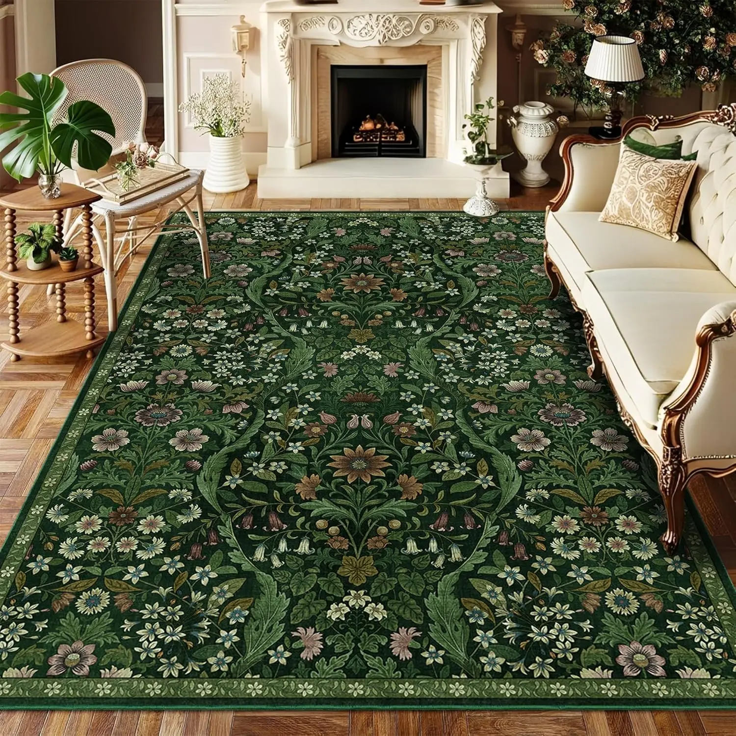 

5x7 Dark Green Washable Floral Rug, Vintage Boho Soft Low-Pile for Living Room, Bedroom, Dining